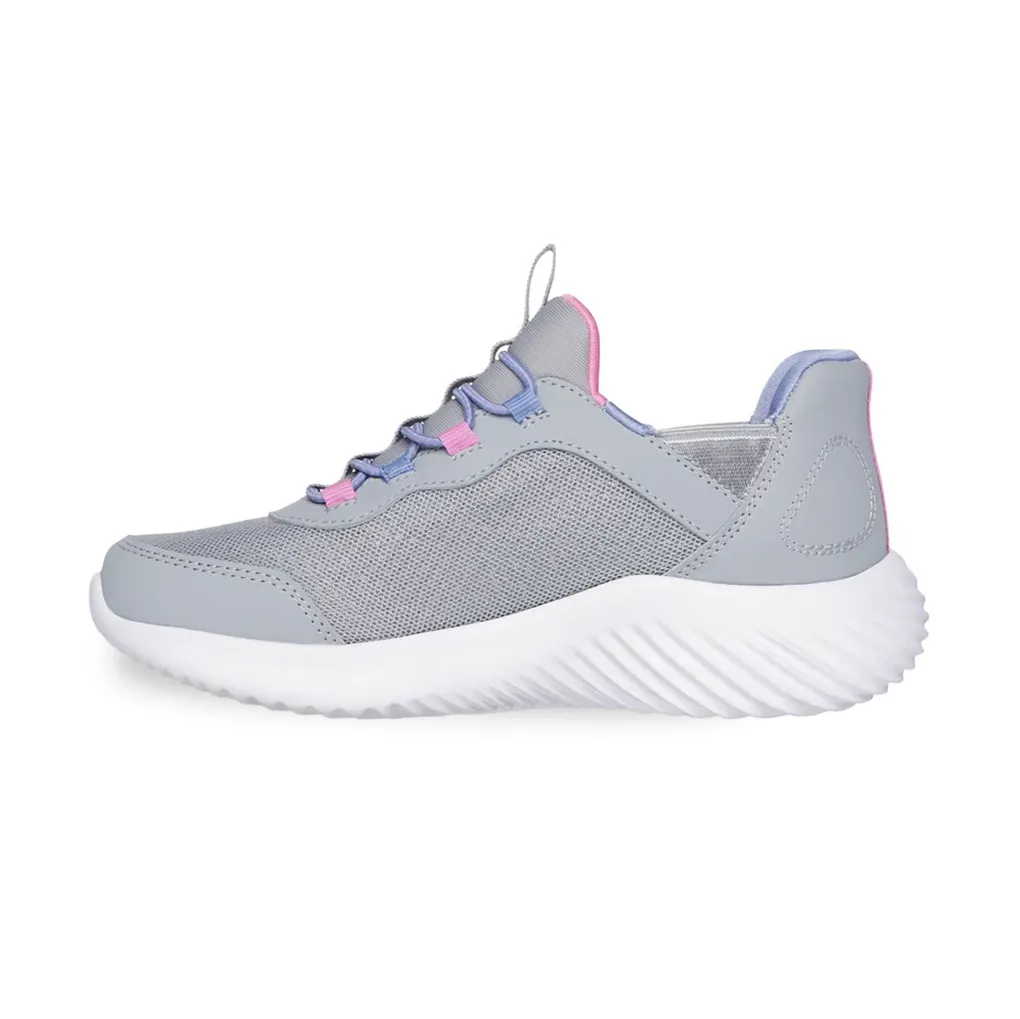 Vista lateral do tênis infantil feminino Skechers Bounder-Simple cinza com cadarço e detalhes coloridos